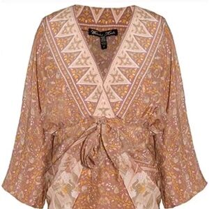 New RARE WINTER KATE Jaya Tan FLORAL Vintage SILK BOHO Mini DRESS L Large